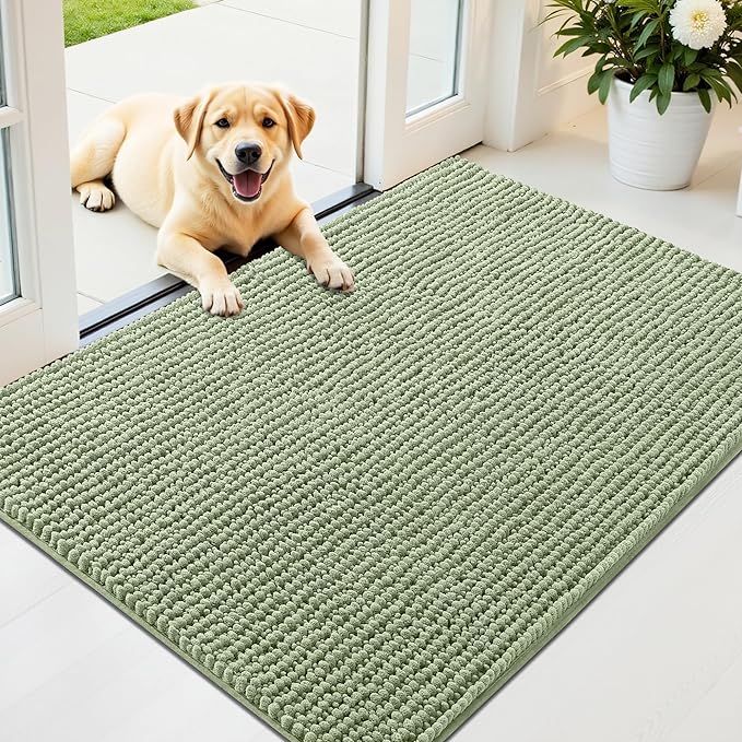 OLANLY Dog Door Mat for Muddy Paws 44x32, Ultra Absorbent Chenille Mud Doormat, Non-Slip Washable and Dirt Trapping Doormat for Indoor Entryway, Quick-Dry Indoor Pet Bed Mats for Dogs, Sage Green