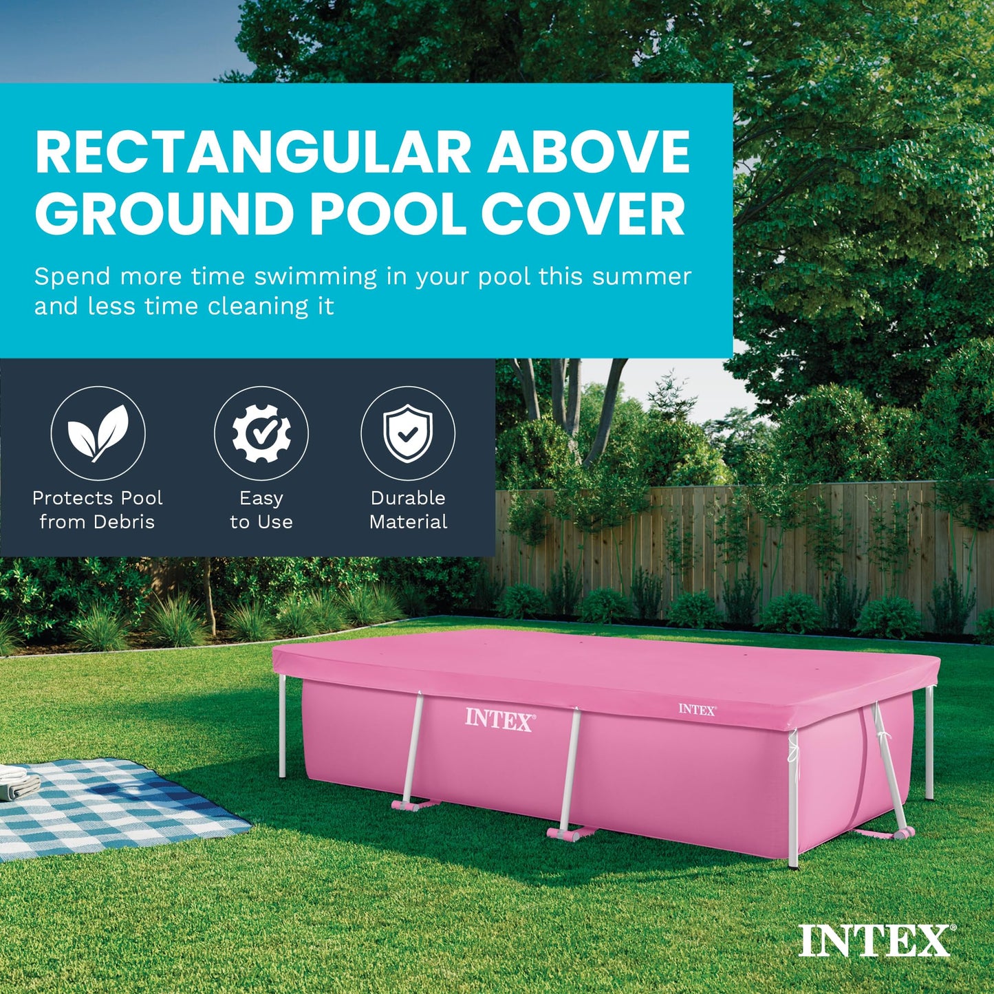 INTEX 28035E Pool Cover: for 8.5ft x 5.3ft Rectangular Metal Frame Pools – Includes Rope Tie – Drain Holes – 12in Overhang – Snug Fit