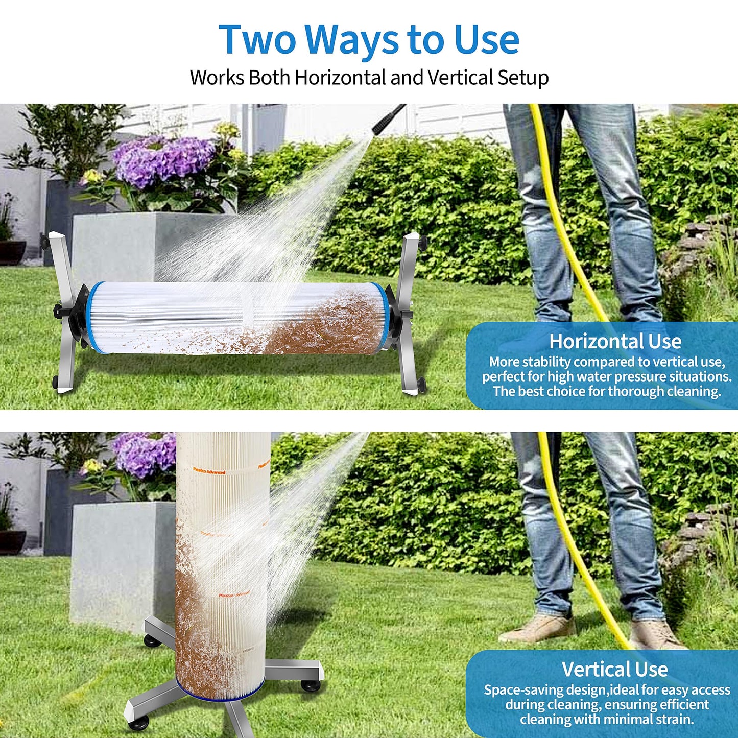 Pool Filter Cleaning System and Cleaner Stand Solid Aluminum Shaft- Compatible with 3，4，and 6 Inch Filter Cartridges，Dual Use Stand Design for Vertical & Horizontal
