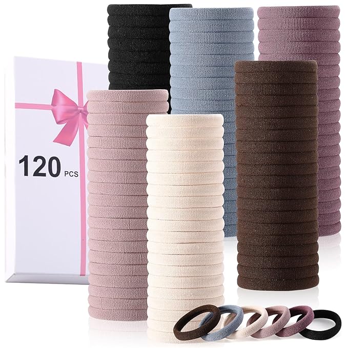 LuSeren 120PCS Soft Hair Ties for Women Ã¢ÂÂ No Damage Ouchless Nylon Hair Accessories, Seamless Fabric Ponytail Holders for Daily Use (Natural Colors)