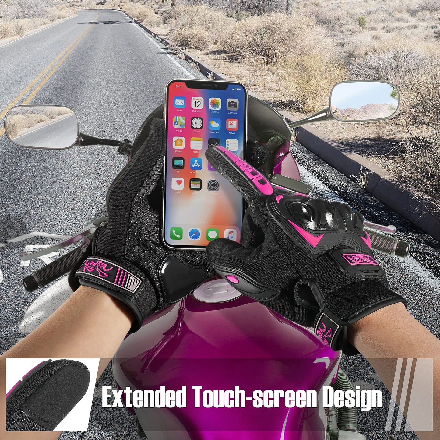 COFIT Motorcycle Gloves Breathable, Touchscreen Motorbike Gloves Anti-Slip with Good Grip Hard Knuckles Protection for Men Women Motocross, BMX ATV MTB Cycling, Road Racing - Pink L