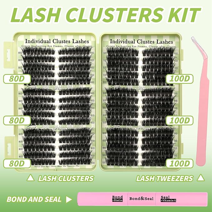 Lash Clusters Kit Wispy Lash Clusters C Curl Cluster Eyelash Extensions Cat Eye Lashes Clusters 510Pcs Volume Individual Lashes Lash Glue Lash Tweezers