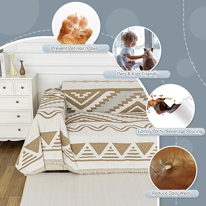 MYSKY HOME Sectional Couch Cover Khaki Boho Geometric Sofa Covers for Sectional Sofa L Shape Chenille Couch Protector for Dogs Pets Couch Throw Cover Washable Durable for Home Decor, 71" X118"