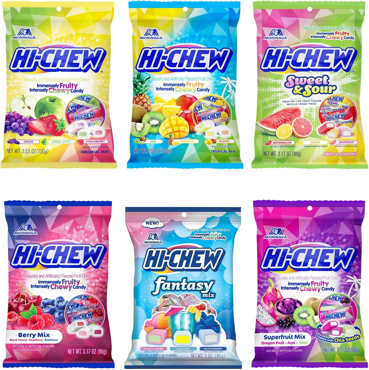 HI-CHEW Variety Mix, Pack of 6 Bags - 17 Flavor Assort Sweet and Sour Chewy Candy, Unique Fun Soft - Immensely Juicy Fruity Candy Flavors - Individually Wrapped for Sharing