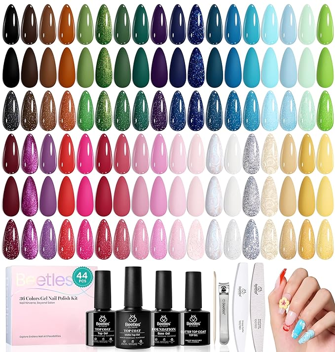 Beetles Gel Nail Polish Set - 44 PCS Brown Nude Burgundy Gel Polish Nails Fairytale Town Collection with 4Pcs Base Glitter Matte Glossy Top Coat Soak off Uv Gel DIY Manicure