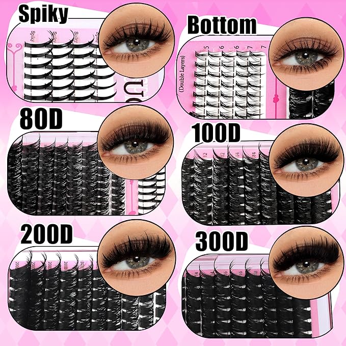 YIDUO 960Pcs Lashes Clusters Kit 80D+100D+200D+300D+Spikes+Bottom Thick Clusters Lash Extensions Kit with 2 Bond and Seal 10-20mm Wispy 3D Volume Individual Eyelash Cluster Kit DIY at Home Easily