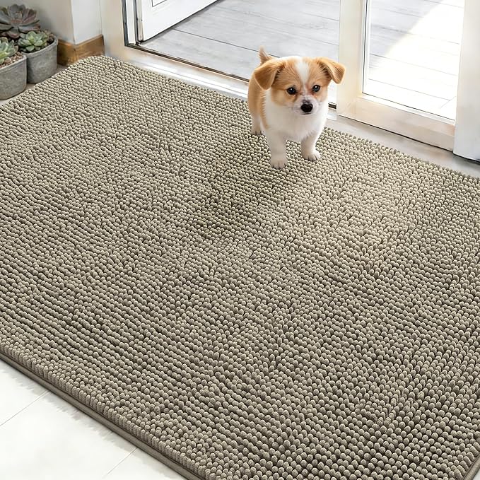 OLANLY Dog Door Mat for Muddy Paws 50x30, Absorbs Moisture and Dirt, Absorbent Non-Slip Washable Doormat, Quick Dry Chenille Mud Mat, Entry Indoor Entryway Carpet for Inside Floor, Warm Taupe