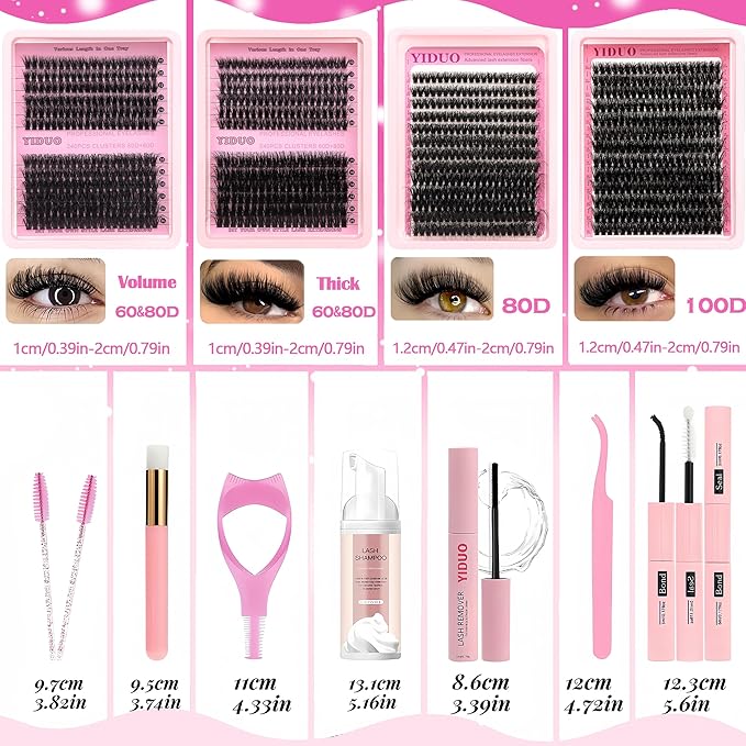 YIDUO 994Pcs Lash Clusters Kit Gift Packs 60D/80D/100D Volume 3D Clusters Lashes Extensions Kit 10-20mm D Curly Wispy Soft DIY Individual Eyelash Extension Kit 4 Box pestañas postizas Bulk Pack