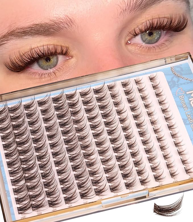 Brown Cluster Lashes Fairy Eyelash Clusters Natural Lash Extensions Wispy 3D Cluster Eyelash Extensions DIY Lash Extensions Soft Dark Brown Individual Eyelashes CC-Curly 8-16MM 144PCS
