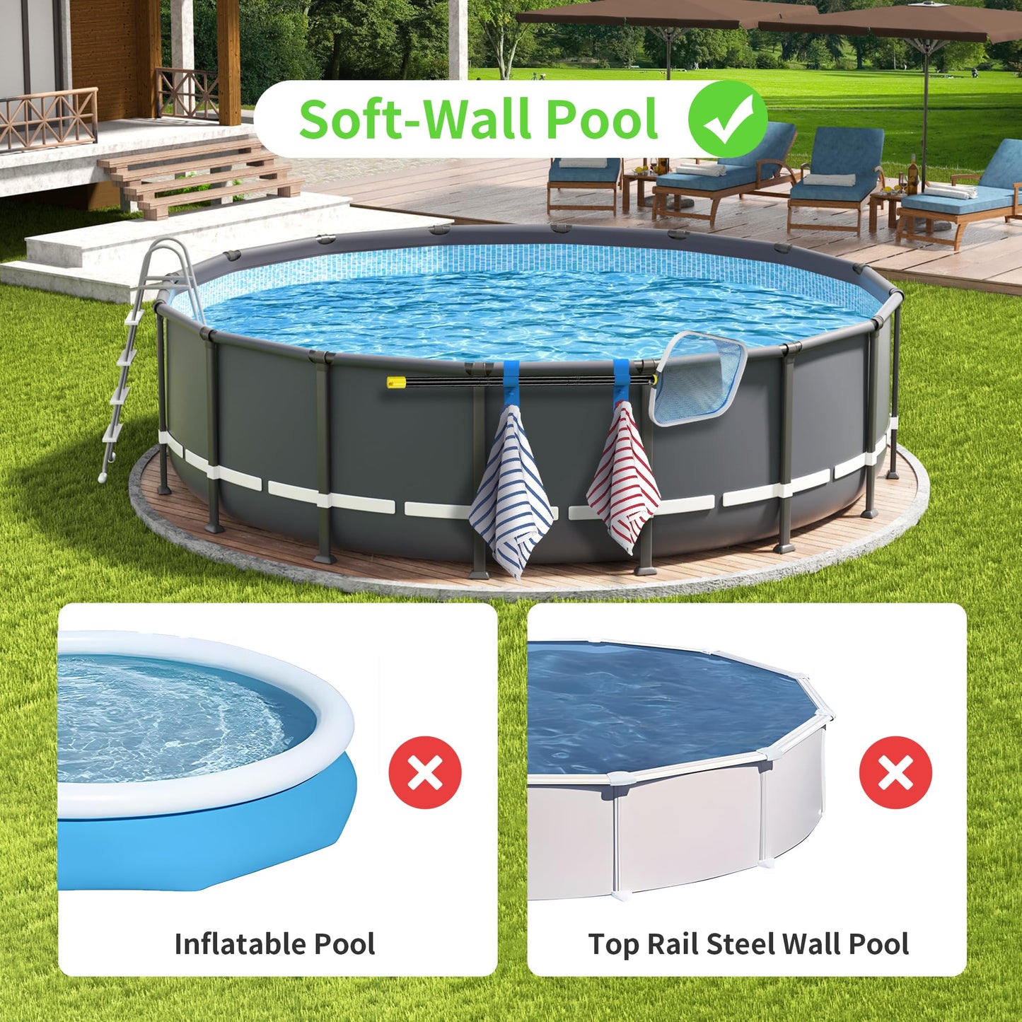 AquaJoyer Poolside Pool Leaf Skimmer Net Holder, Above Ground Pool Pole Hanger, Above Ground Pool Accessories,Adjustable Telescopic Pool Pole Hooks,Pool Brush Hanger Tool Pool Equipment [Patented]