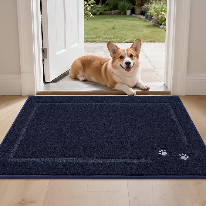 BEQHAUSE Dog Door Mat for Mud Paws Dirt Trapper Doormat Non-Slip Entryway Rugs Absorbent Welcome Mat Washable Indoor Floor Mat Low-Profile for Front Door, 24" x 36", Navy Blue