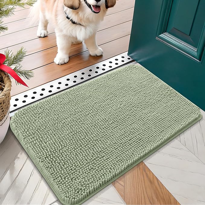 OLANLY Dog Door Mat for Muddy Paws 30x17, Absorbs Moisture and Dirt, Absorbent Non-Slip Washable Doormat, Quick Dry Chenille Mud Mat for Dogs, Entry Indoor Entryway Carpet for Inside Floor, Sage Green