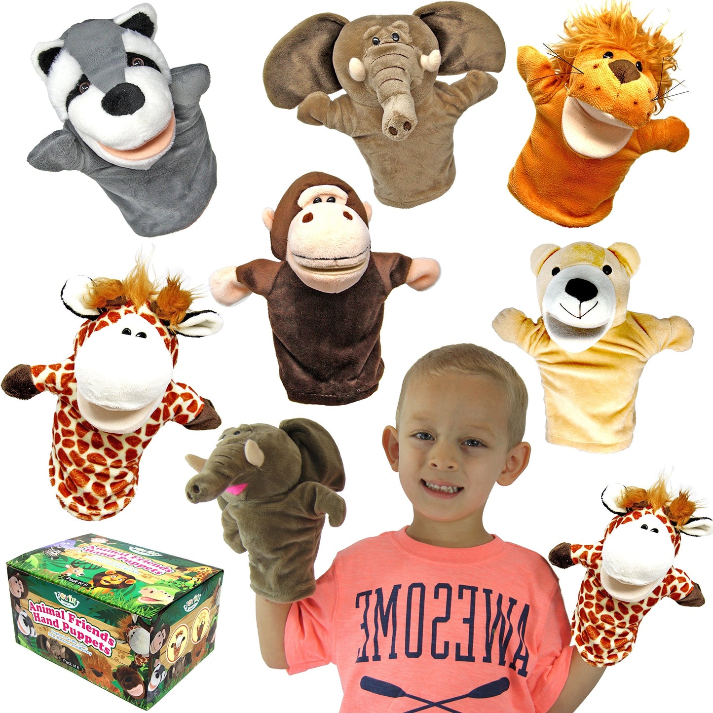 JOYIN 6Pcs Kids Hand Puppet Set with Working Mouth, Toddler Animal Plush Toy Includes Elephant, Giraffe, Lion, Bear, Raccoon and Monkey for Show Theater, Christmas Birthday Gifts for Kid