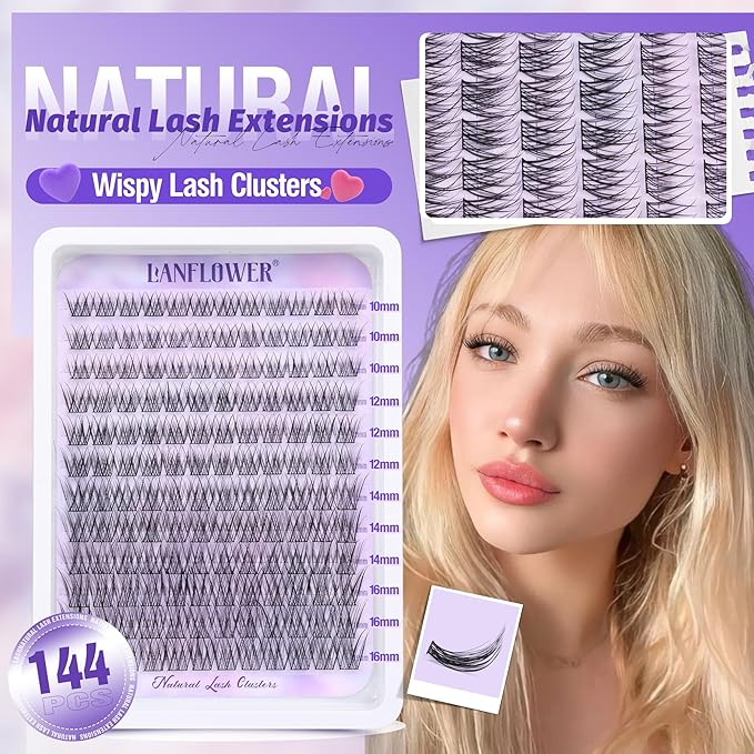 Natural Lash Clusters Kit Wispy Lash Extension Kit Waterproof Lash Clusters C Curved Cluster Eyelash Extensions Kit 144pcs Individual Lashes 10-16mm Eyelash Extension Kit by Lanflower