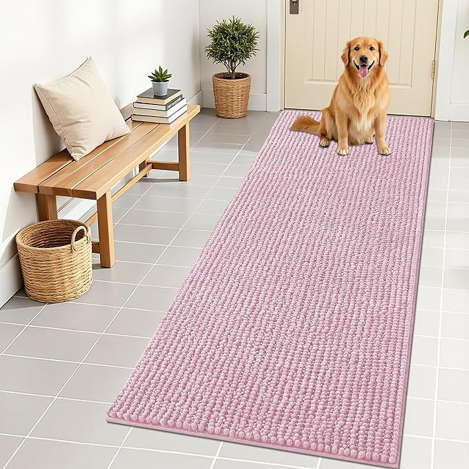 OLANLY Dog Door Mat for Muddy Paws 70x24, Ultra Absorbent Chenille Mud Doormat, Non-Slip Washable and Dirt Trapping Doormat for Indoor Entryway, Quick-Dry Indoor Pet Bed Mats for Dogs, Dusty Rose