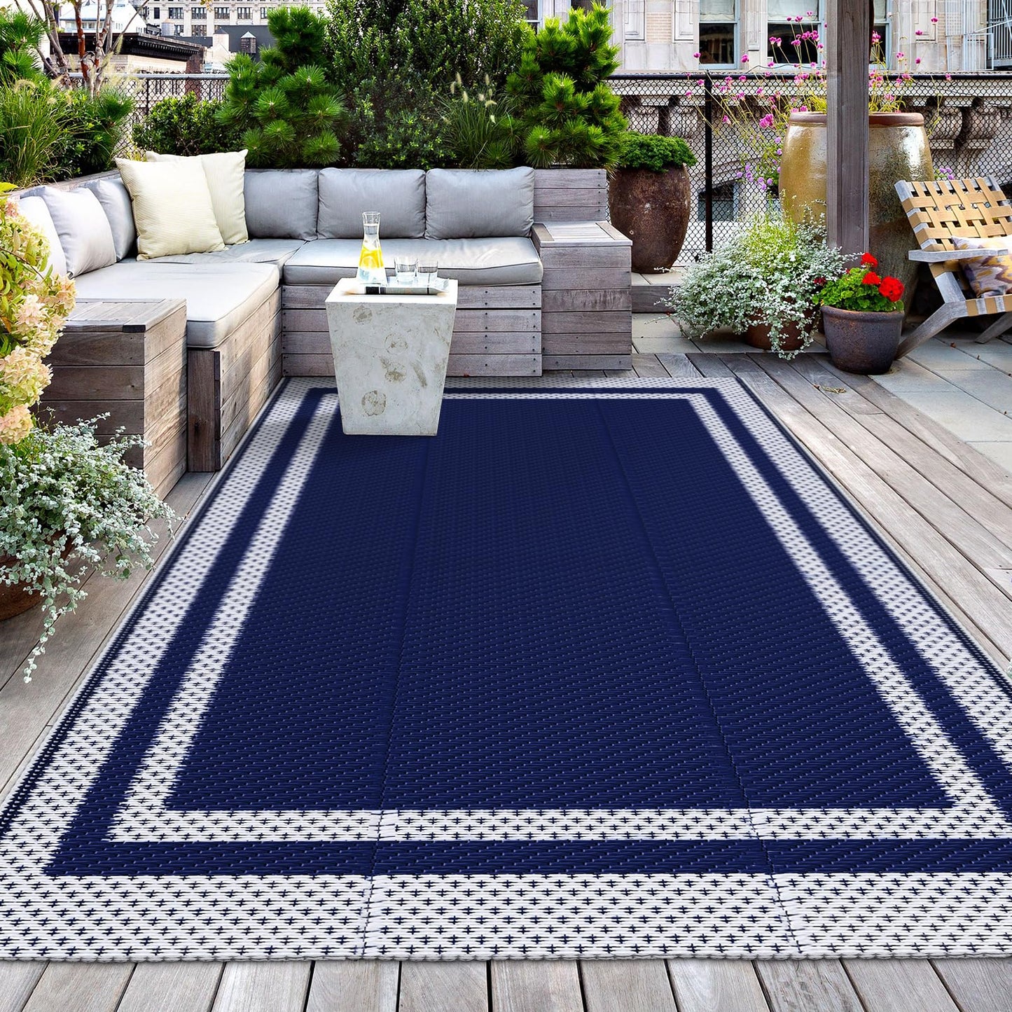 KMAT Outdoor Rug, Waterproof Reversible Patio Rugs, 4x6ft Large Outdoor Area Rug Foldable Plastic Camping Rugs for Outside RV, Patio,Picnic,Camper,Balcony,Porch (Blue &White)