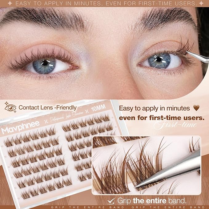 10MM Brown Lash Clusters Wispy Eyelash Extensions with Flexible Clear Band & C Curl, Reusable Natural Cluster Lash Extensions for Everyday Natural & Clean Girl Look