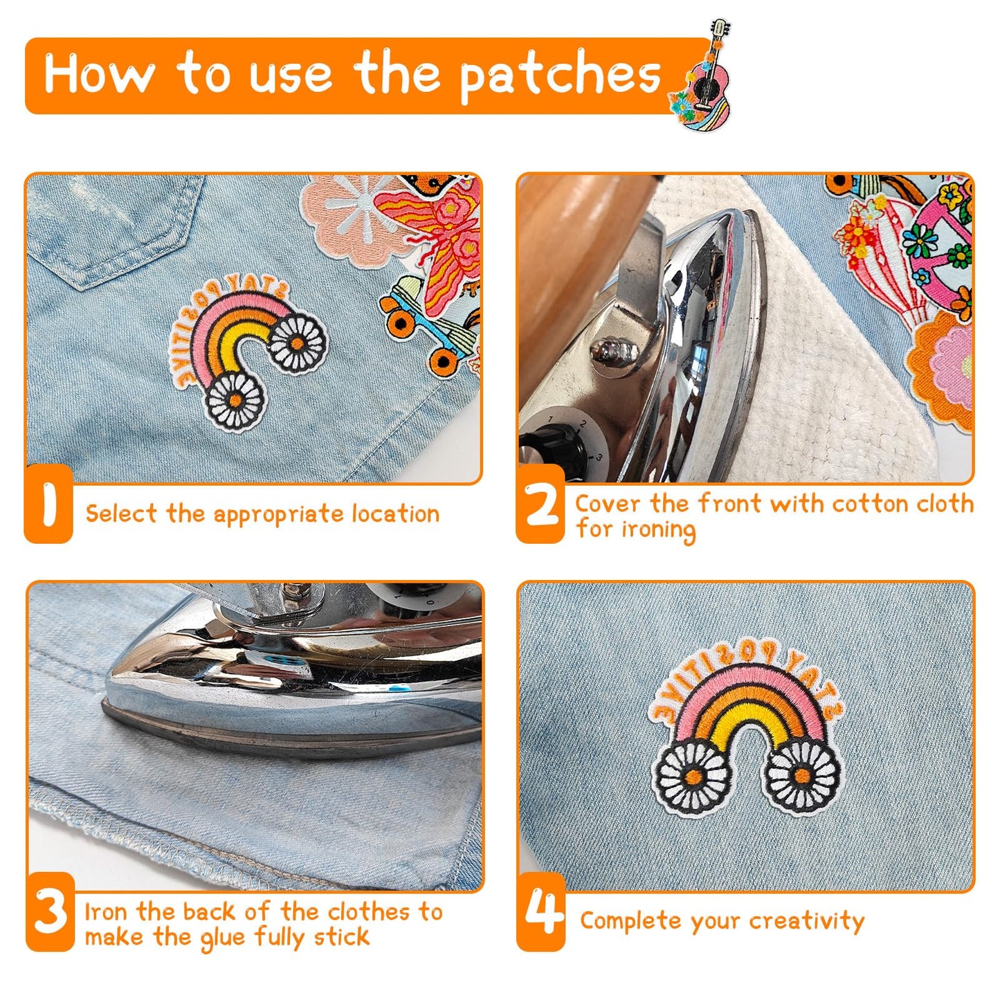 RF-patch 48Pcs Hippie Iron on Patches for Girl, Embroidered Boho Iron on/Sew on Patch for Clothes, Hats, Jeans, Dress, Backpacks, Etc