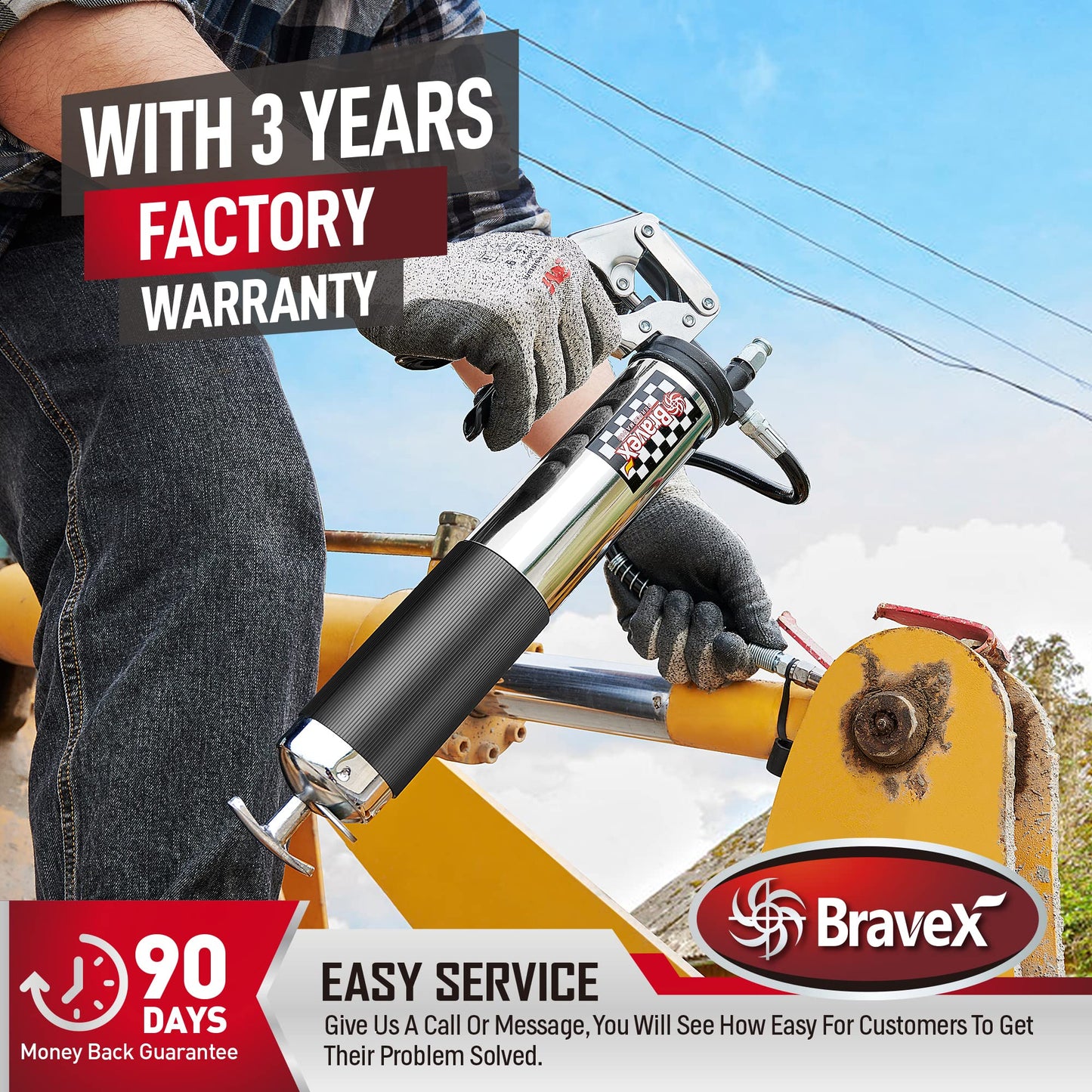 Bravex Heavy Duty Professional Pistol Grip Grease Gun 6000 PSI - 18 inch Flex Hose …