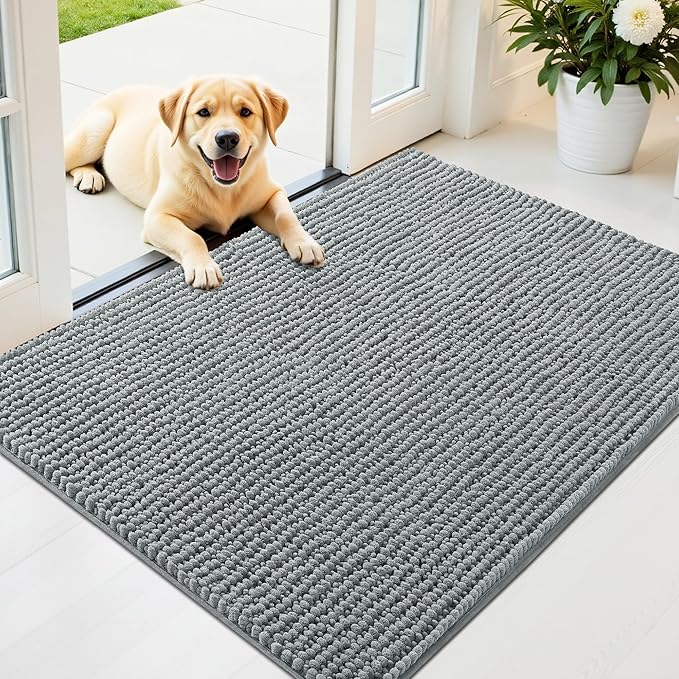 OLANLY Dog Door Mat for Muddy Paws 40x32, Ultra Absorbent Chenille Mud Doormat, Non-Slip Washable and Dirt Trapping Doormat for Indoor Entryway, Quick-Dry Indoor Pet Bed Mats for Dogs, Grey