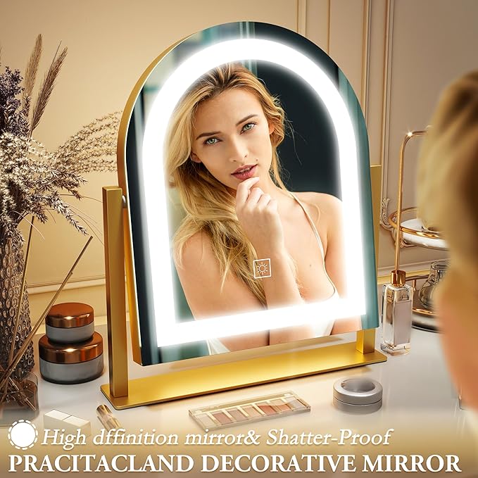 ROLOVE Lighted Makeup Mirror with 3-Color Dimmable Lighting, with Removable 10x Magnifier, Smart Touch Control, 360° Rotation, 15" x 13" Hollywood Vanity Mirror for Tabletop Desk (Gold)