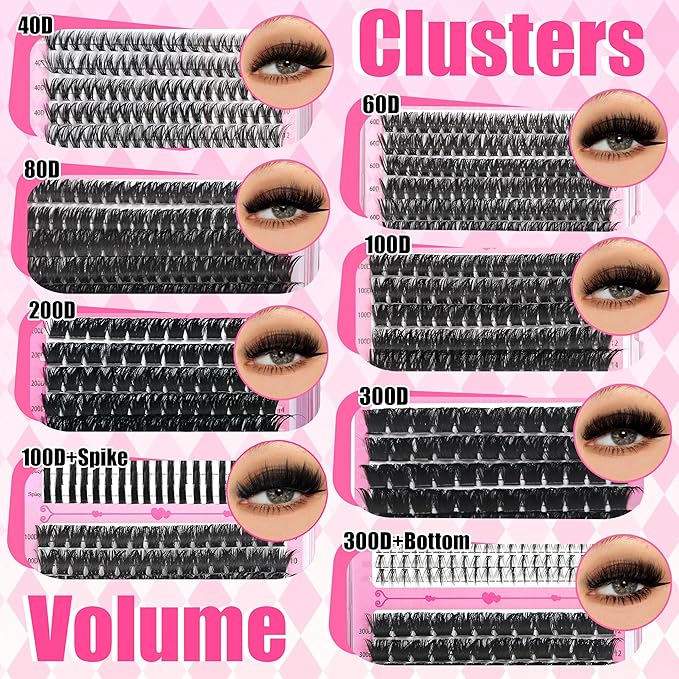 YIDUO 1520Pcs Lashes Clusters Kit with Spikes+Bottom 6 Styles 100D/200D/300D Cluster Lash Extension Kit with 2X Bond&Seal 10-20mm Volume Individual Eyelash Extension Kit Gift Packs