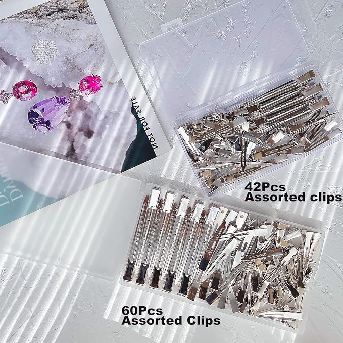 HiJeaton 42Pcs Styling Hair Clips, Silver Metal Duck Billed Hair Clips for Women Styling Sectioning, Duckbill Long, Pin Curl, Alligator Roller Clip with Case (42PCS)