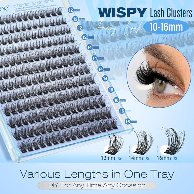 Pawotence Natural Lash Clusters 12-16mm Wispy Eyelash Clusters 192pcs Cluster Eyelash Extensions Wispy Cluster Lashes Individual False Eyelashes for DIY Lash Extension at Home