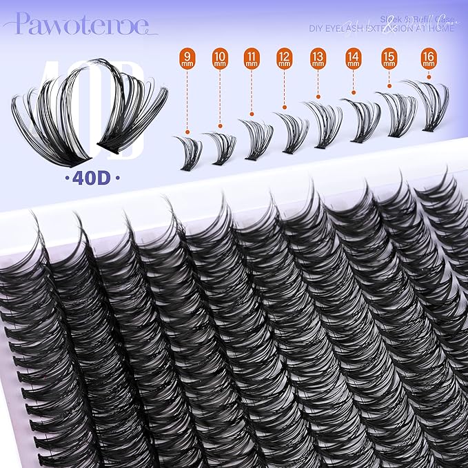 Pawotence Lash Clusters 200pcs Individual Lashes 40D Cluster Eyelash Extensions 9-16mm Eyelash Clusters Lash Extensions for Self Application (40D, 0.07D, 9-16mm)