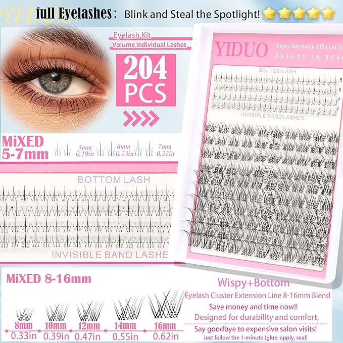 YIDUO 3 style Fairy lashes Clusters Kit with Bottom Clusters Lash Extensions 604Pcs 5-16mm Manga Extension False Eyelash Wispy Natural Wet-Look Lashes Extensions Combo Pack with Glue Removers