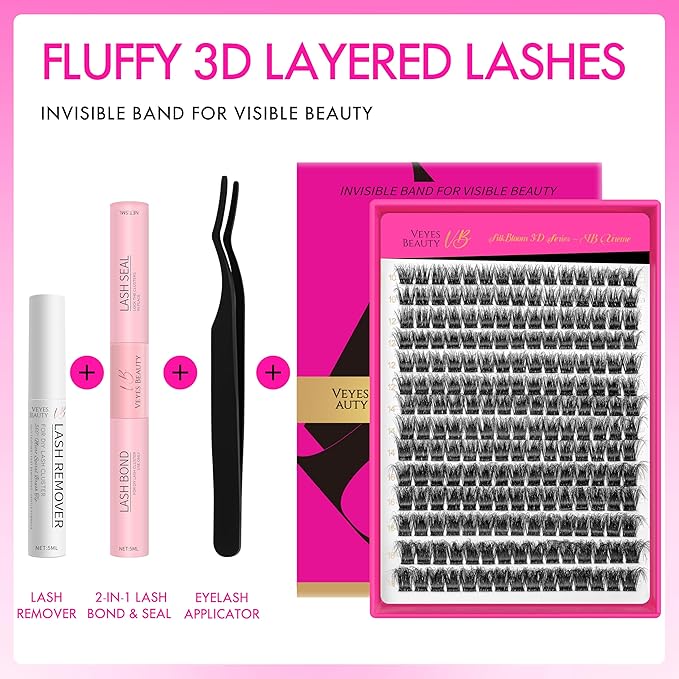 VEYESBEAUTY Lash Clusters Kit Fluffy Individual Lash Extensions Xtreme 3D Layered Volume Eyelashes kit Thin & Invisible Band Wispy Spider Faux Mink Lash 10-18mm with Bond&Seal Remover Applicator