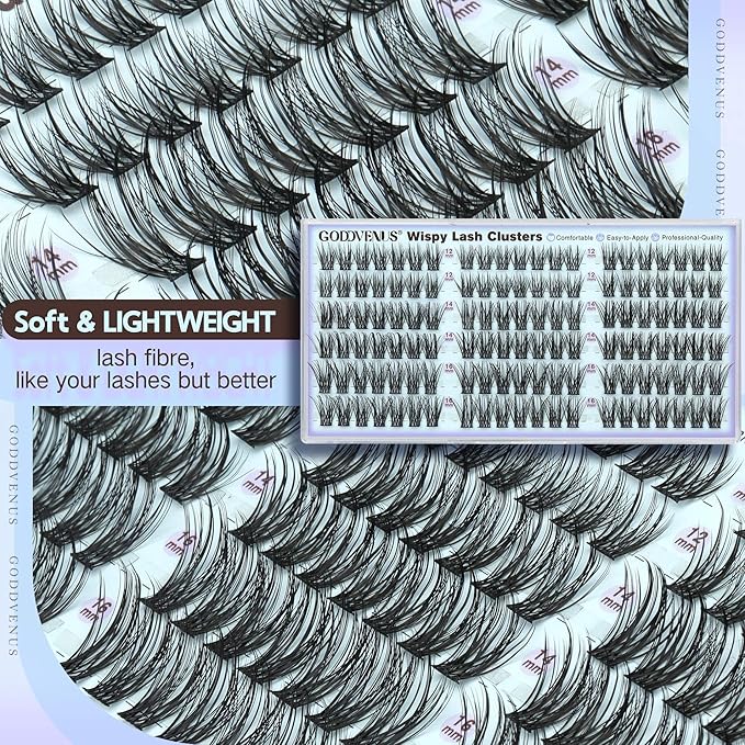 Goddvenus Wispy Natural Lash Clusters 12-14-16mm CC Curl DIY Cluster Eyelash Extensions for Clean Makeup, Individual False Eyelashes Cat Eye Lash Clusters 126pcs