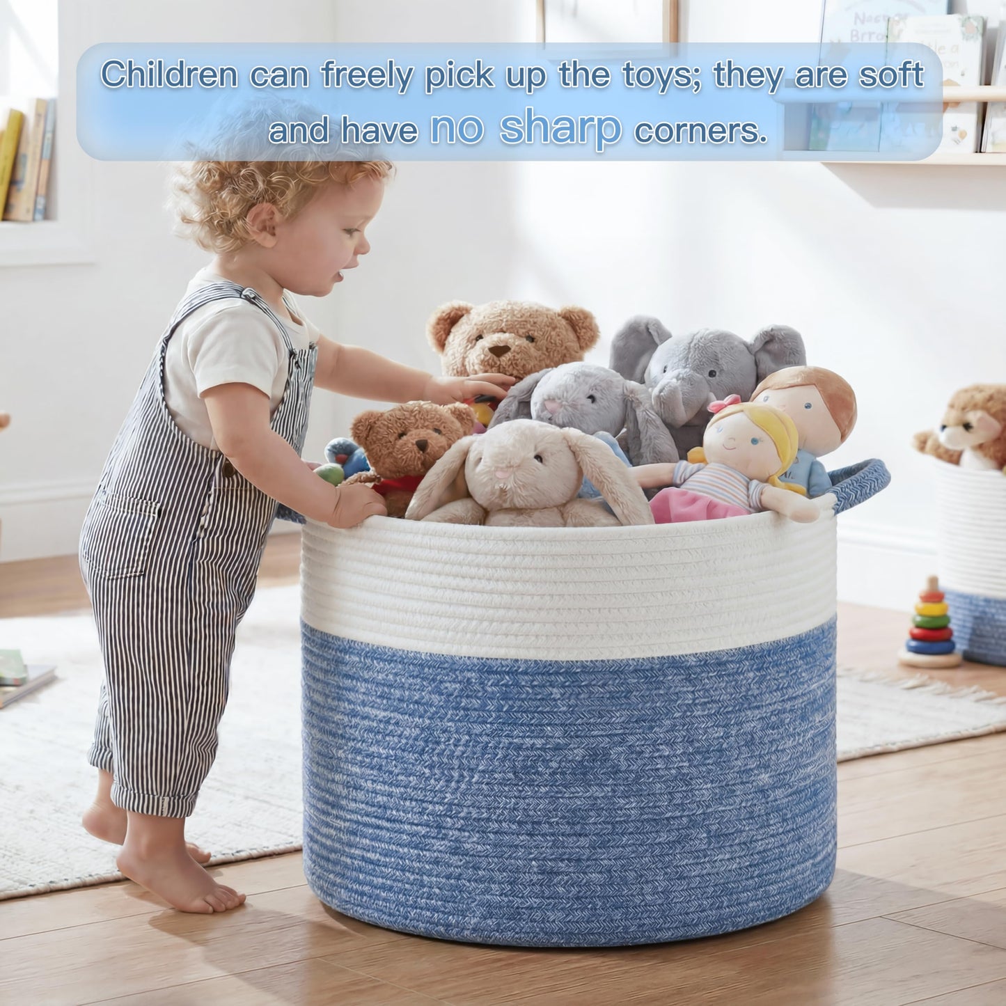 Artfeel 100L Large Cotton Rope Basket, Decorative Woven Blanket Storage for Living Room, Boho Toy Storage & Toy Box for Kids, Versatile Laundry Basket & Nursery Hamper for Blankets(DenimBlue)
