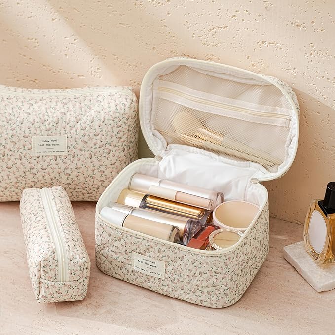 HBselect Quilted Makeup Bag, 3PCS Cotton Large Travel Makeup Bag, Cute Floral Coquette Make up Bag Cosmetic Bag Toiletry Bag for Women Girls
