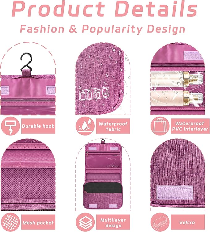 Toiletry Bag Travel Bag with Hanging Hook, Waterproof Capacity Hanging Multifunctional Makeup Bag for Toiletries, Portable Cosmetic Bag Travel Organizer for Women and Men(Purple)