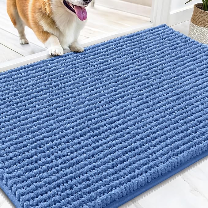 OLANLY Dog Door Mat for Muddy Paws 34x21, Ultra Absorbent Chenille Mud Doormat, Non-Slip Washable and Dirt Trapping Doormat for Indoor Entryway, Quick-Dry Indoor Pet Bed Mats for Dogs, Cornflower Blue