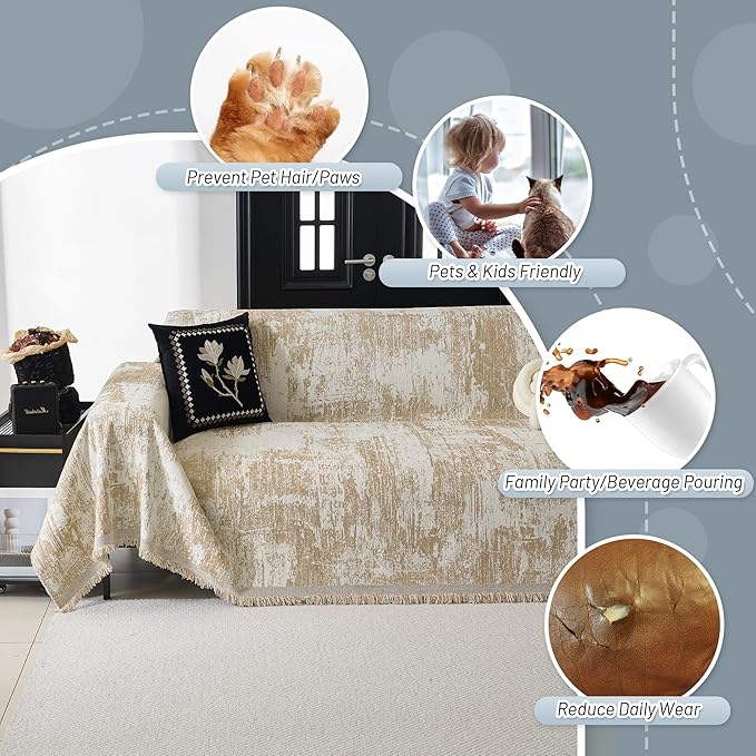 MYSKY HOME Sectional Couch Cover Khaki Geometric Abstract Sofa Covers for Sectional Sofa L Shape Chenille Couch Protector for Dogs Pets Couch Throw Cover Washable Durable for Home Decor, 71" X118"