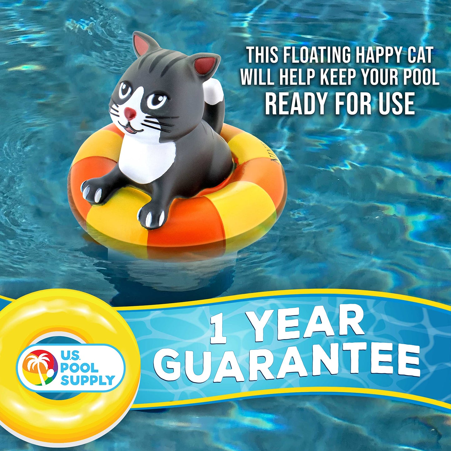 U.S. Pool Supply Kitty Cat Floating Pool Chlorine Dispenser, Collapsible Base, Holds 3" Tablets - 7" Fun Cute Happy Pet Life Preserver Animal Float Floater Decoration, Adjustable Balanced Delivery