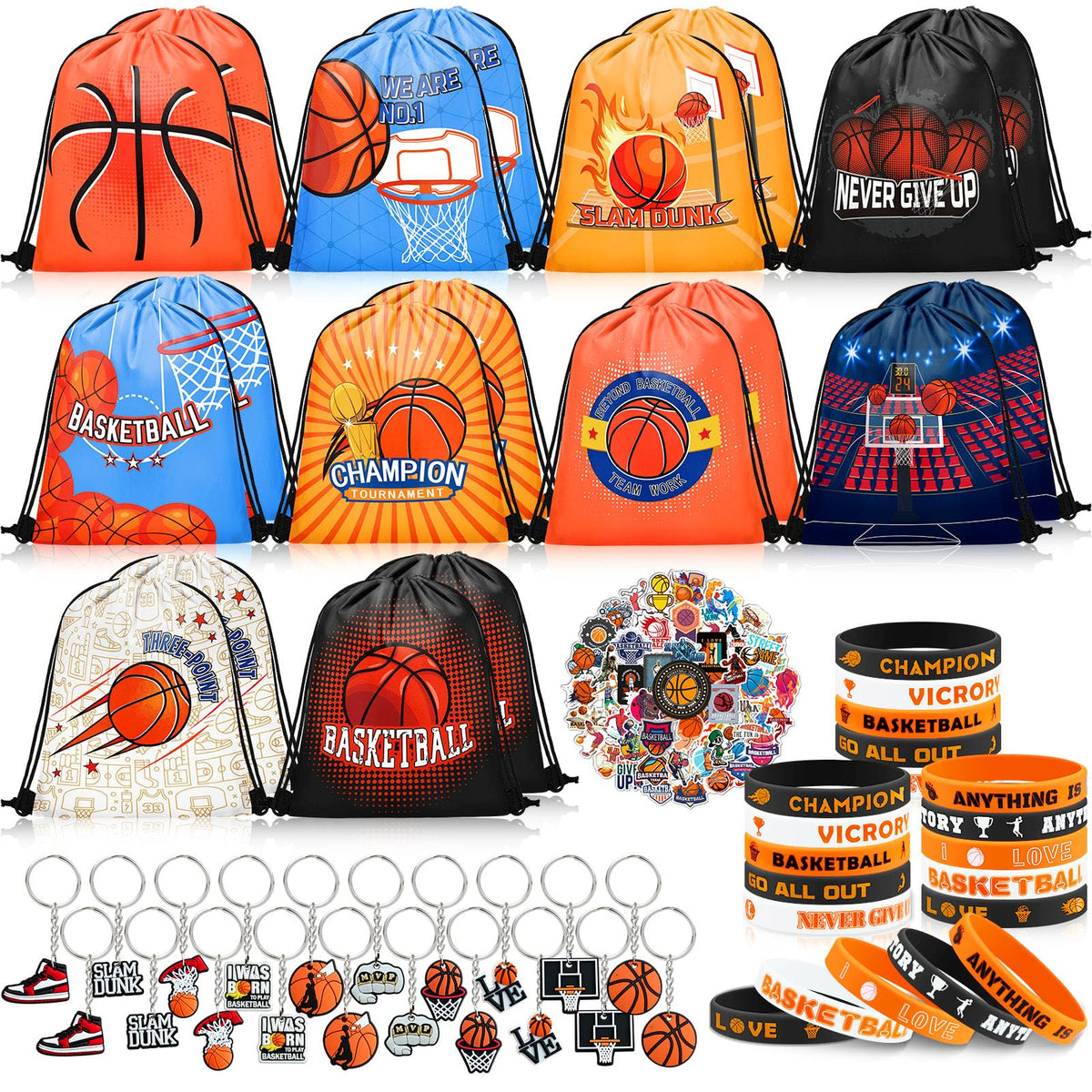 Grneric 110 Pcs Basketball Party Favors Drawstring Backpack with Keychains Silicone Bracelets Stickers for Sports Birthday Supplies Goodie Bags Basketball Themed Gifts
