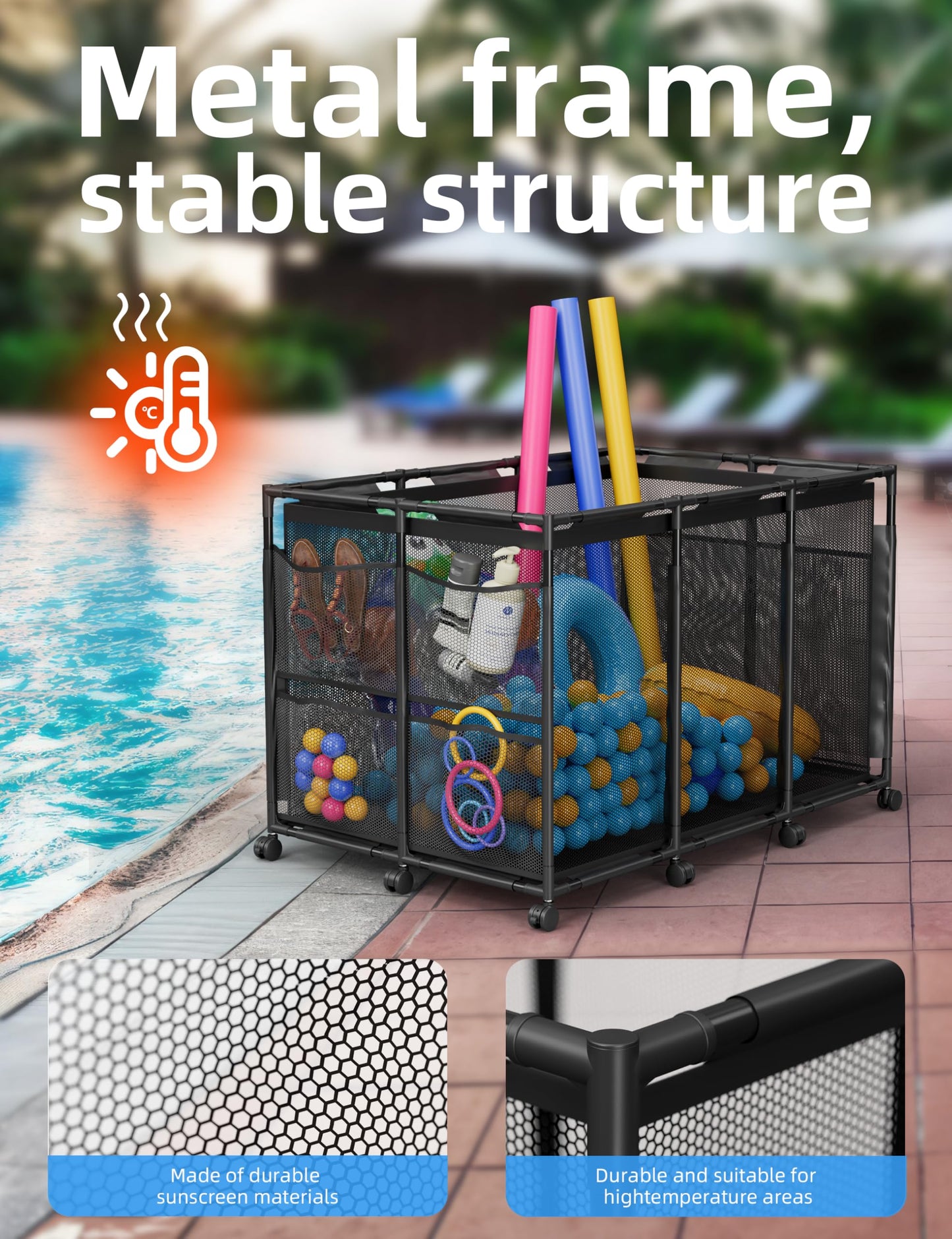 POOLHOUR Pool Float Storage – XXL Large Outdoor Pool Toy Storage Organizer for Pool Noodles, Toys, Floats, Balls,Equipment, Mesh Rolling Storage Organizer Bin, Black
