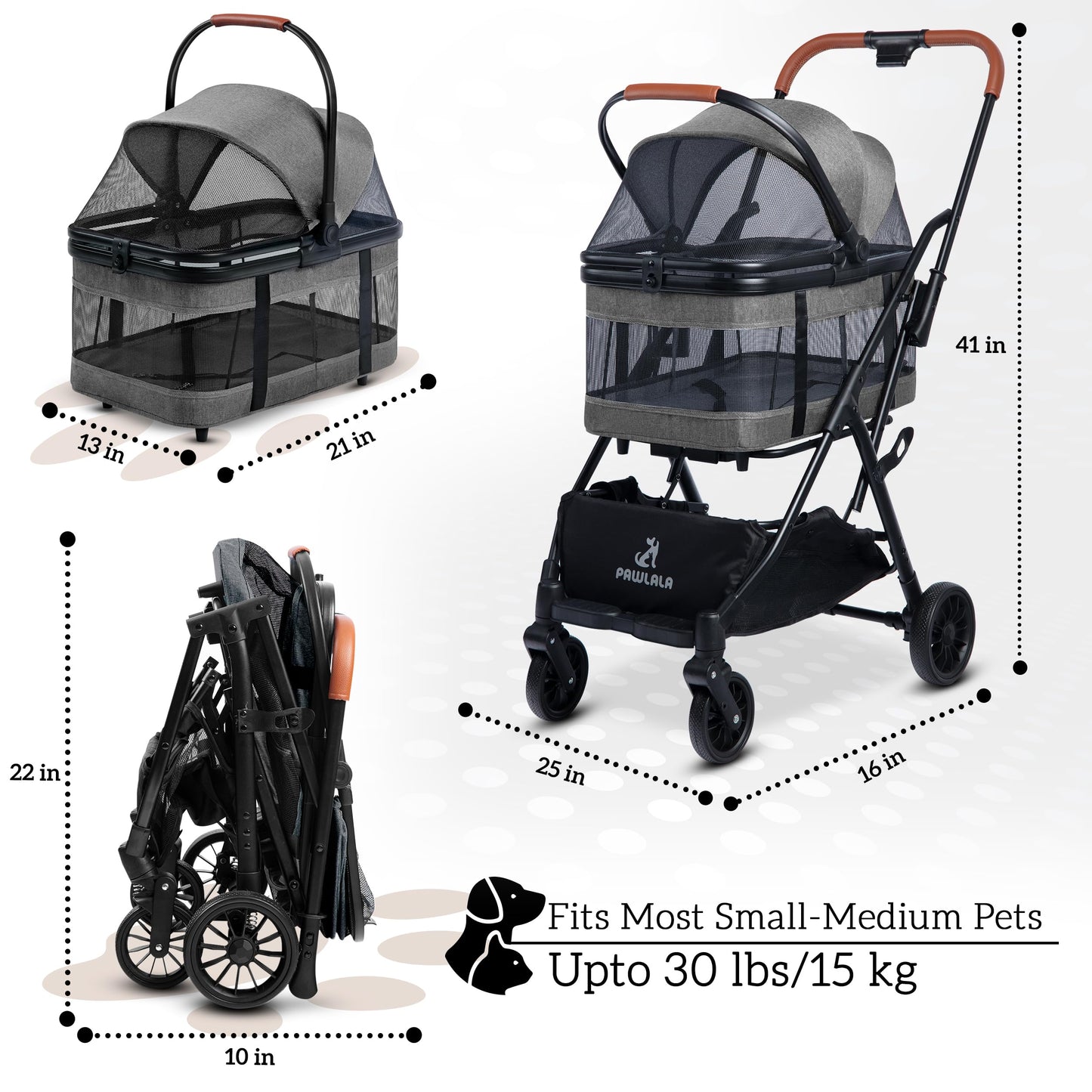 Pet Stroller with Detachable Carrier - Ideal for Small to Medium Dogs & Cats - Compact & Convenient Design - Easy Assembly Pet Stroller for Cats, Dog Strollers for Small Dogs - Metallic Gray