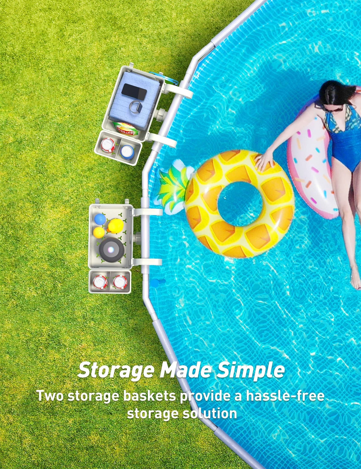 [PATENTED] POOLHACKER 2026 Upgrade 2 Sets Poolside Storage Basket - Original Above Ground Pool Accessories, Swimming Pool Storage Basket with Pool Cup Holder, Poolside Storage to Organize Cup Towel