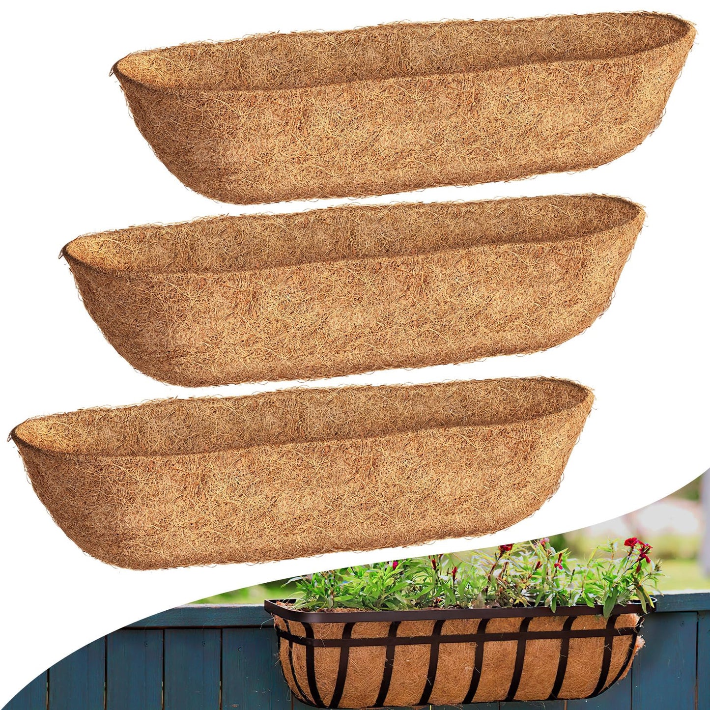 Fansile 24 inch Coco Liners Trough 3 Pack for Window Boxes Planters, Coconut Husk for Railing Hanging Deck Fence Plant Flower Basket, Coco Fiber for Outdoor&Indoor