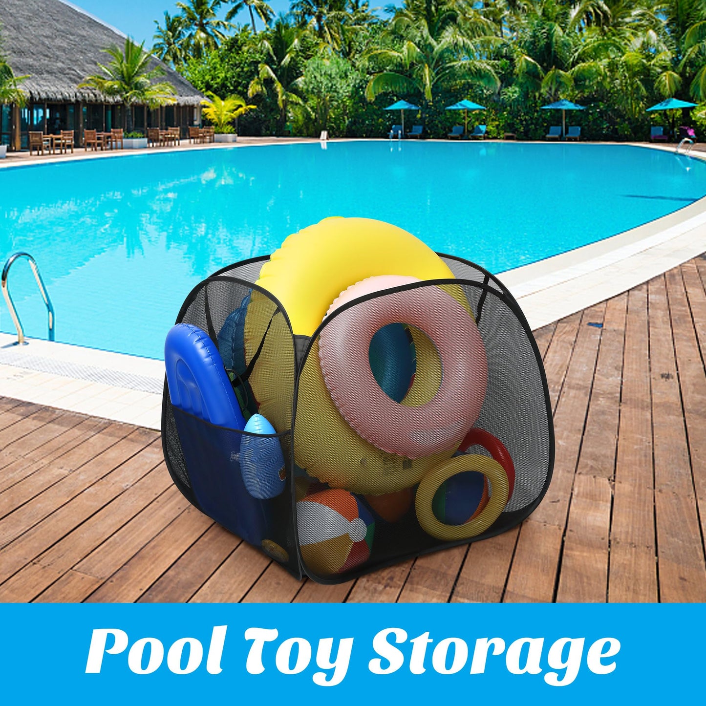 Adnee Pool Toy Storage Bin-30'' x 30'' x 30'' Nylon Mesh Pool Organizer with Side Pocket-105 Gallon Quick Drying Pool Storage for Float, Beach Balls,Towel and Other Swimming Accessories