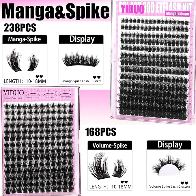 YIDUO Manga Lash Clusters Kit 4 Styles Spiky Volume Clusters Lashes Extensions Kit with 2X Bond and Seal 887Pcs Wispy Eyelash Clusters Kit Thick 100D+150D+Wide Soft Thin Band Cluster Lash Kit