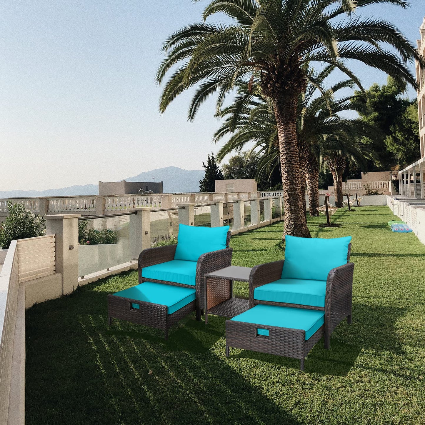 LEVELEVE Balcony Furniture 5 Piece Patio Conversation Set, PE Wicker Rattan Outdoor Lounge Chairs with Soft Cushions 2 Ottoman&Glass Table for Porch, Lawn-Brown Wicker