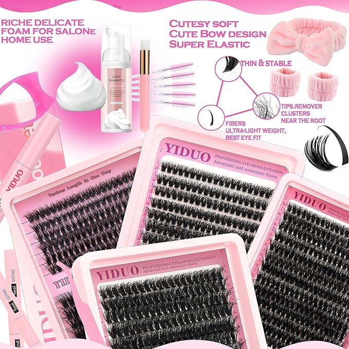YIDUO 994Pcs Lash Clusters Kit Gift Packs 60D/80D/100D Volume 3D Clusters Lashes Extensions Kit 10-20mm D Curly Wispy Soft DIY Individual Eyelash Extension Kit 4 Box pestañas postizas Bulk Pack
