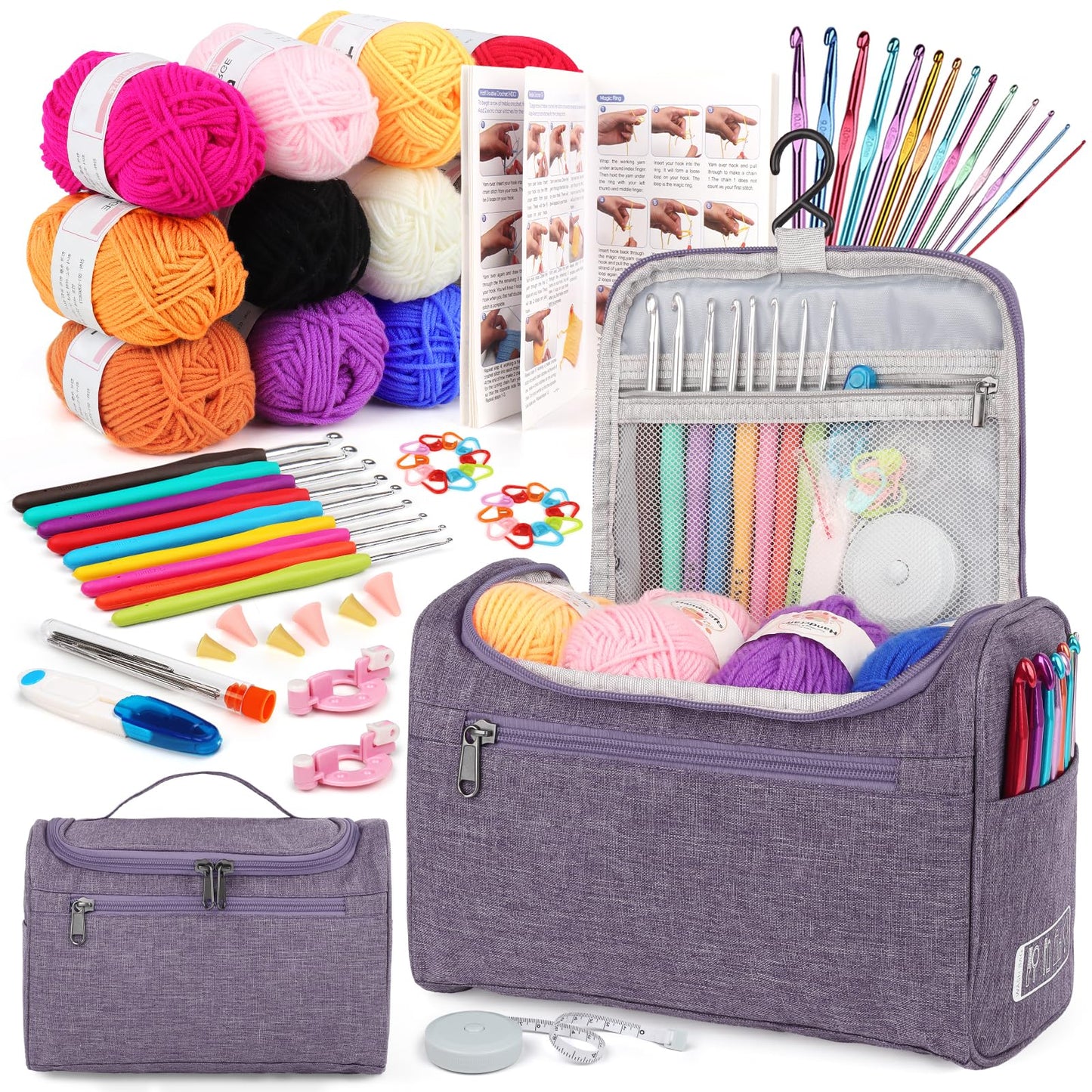 Aeelike Crochet Kit for Beginners Young and Old, First Crochet Kit for Adults Include 23pcs Crocheting Hooks, 655 Yards Yarn Set, Instruction, Bag, Crocheting Accessories and Supplies, Purple