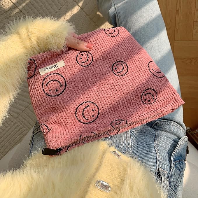 Cosmetic Bags for Women - Corduroy Cosmetic Bag Aesthetic Women Handbags Purses Smile Dots Makeup Organizer Storage Makeup Bag Girls Case Bags (A-Pink)