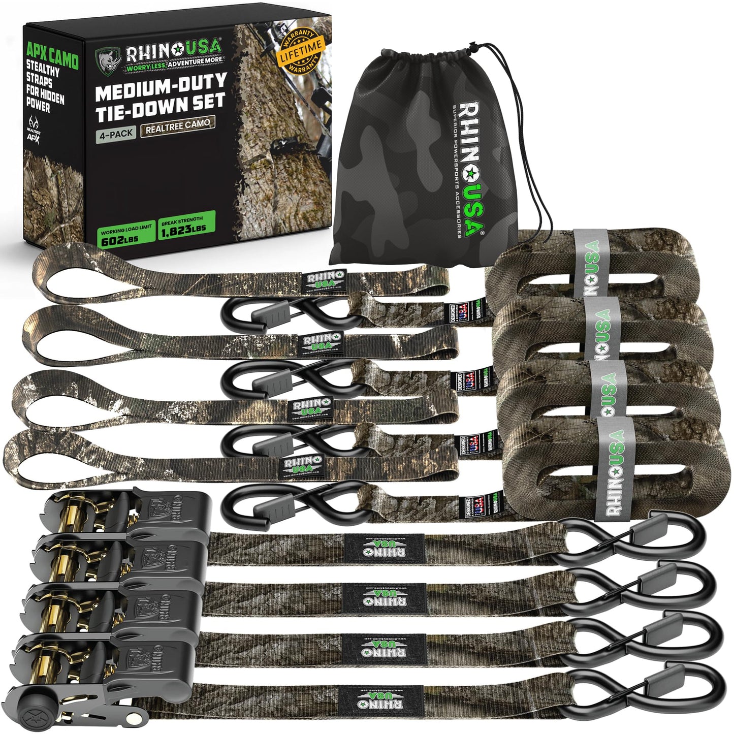 Rhino USA x Realtree Ratchet Straps Tie Downs (4PK) - 1" x15' (1,823lb Break Strength) - Ultimate Tie Down Straps with Safety S Hooks - for Trucks, Cargo, Moving, Appliances- Realtree APX Camo